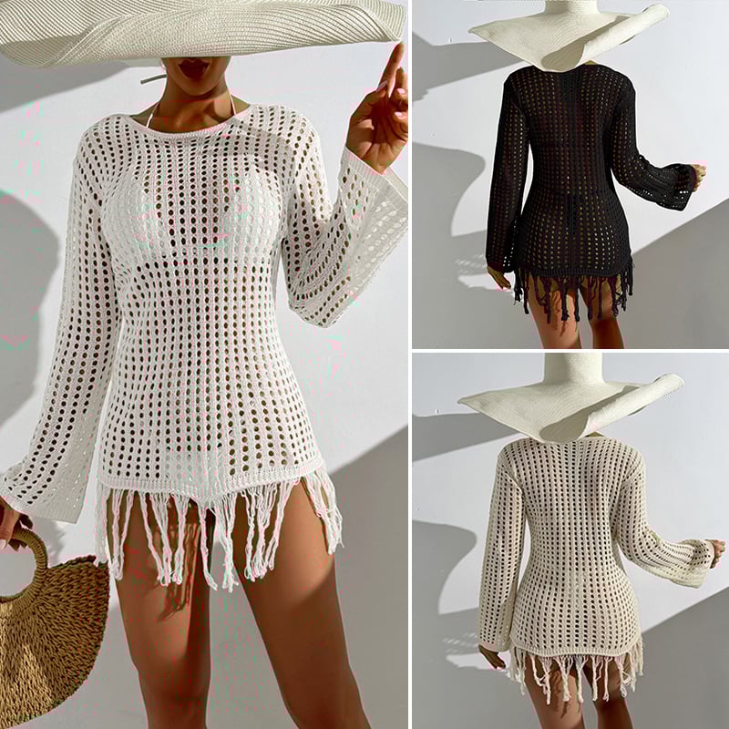 Strandfedőruha átlátszó kötésű, hosszú ujjú, bojtokkal; poliészter anyag, 100% poliészter bélés, 237 g; alkalmas úszáshoz és edzéshez