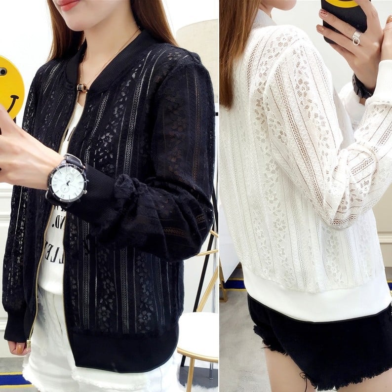 Dugi rukavi čipkasti kardigan od pamuka, crochet hollow uzorak, jednobojni, slim fit, stojeći ovratnik