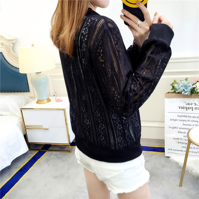 Dugi rukavi čipkasti kardigan od pamuka, crochet hollow uzorak, jednobojni, slim fit, stojeći ovratnik