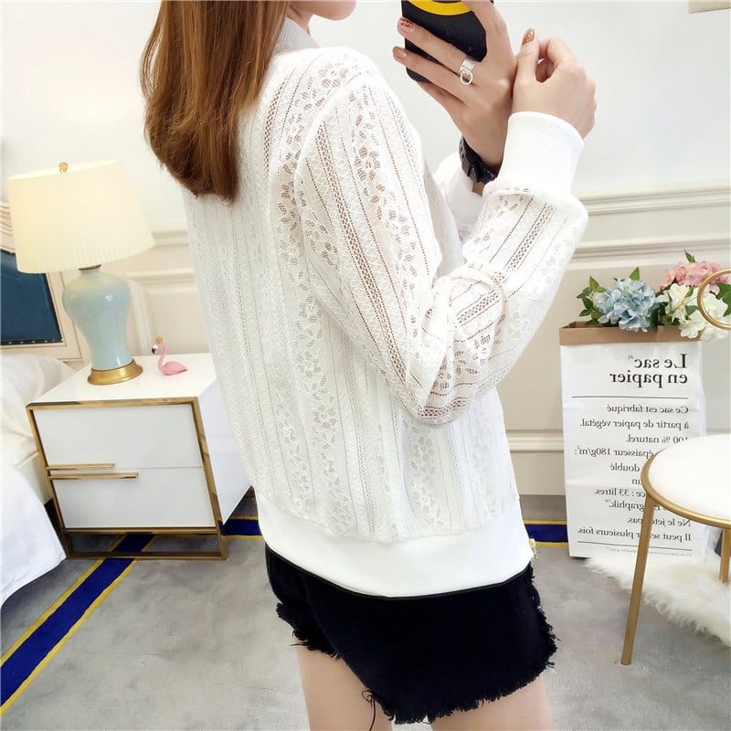 Dugi rukavi čipkasti kardigan od pamuka, crochet hollow uzorak, jednobojni, slim fit, stojeći ovratnik