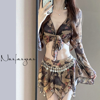 Ženski bikiniji, stil pustoši, konzervativno pokriće, četverodijelni set za plažu, jastučić za prsni koš, poliester 81–90%