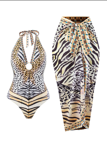 Leopárd mintás egyrészes fürdőruha, fűzős nyakú halterrel, hasat takarja géz szoknyával, hát nélküli