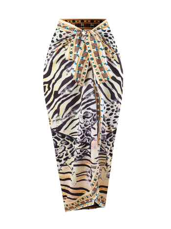 Leopárd mintás egyrészes fürdőruha, fűzős nyakú halterrel, hasat takarja géz szoknyával, hát nélküli