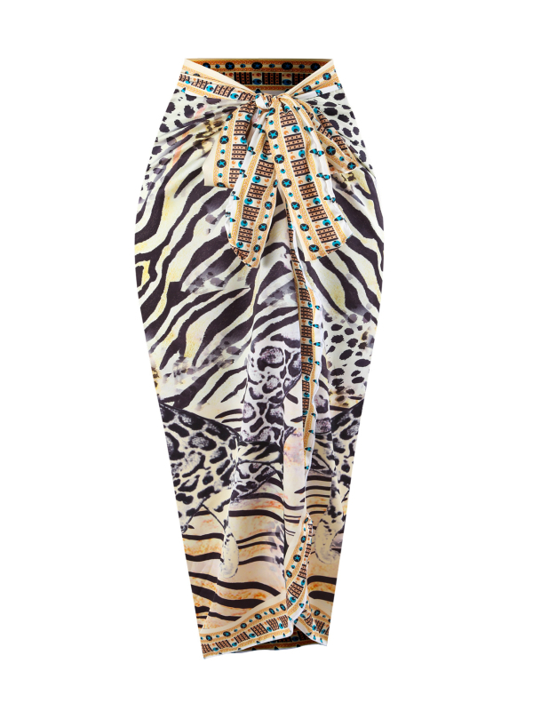 Leopárd mintás egyrészes fürdőruha, fűzős nyakú halterrel, hasat takarja géz szoknyával, hát nélküli