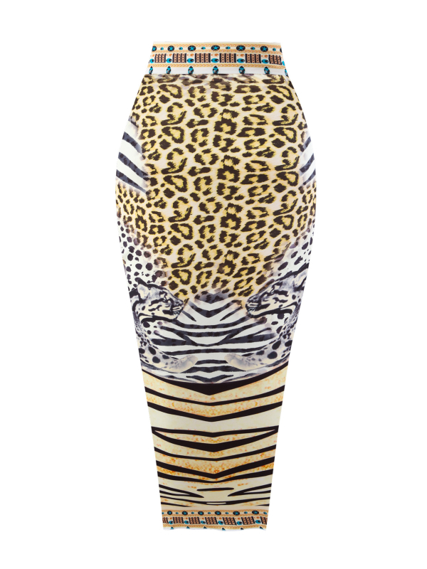 Leopárd mintás egyrészes fürdőruha, fűzős nyakú halterrel, hasat takarja géz szoknyával, hát nélküli