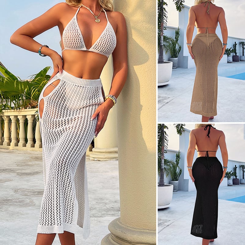Plažni set: bikini s trakama i bočnim prorezom, duga haljina-izvedba za zaštitu od sunca; poliester tkanina, 100% poliester, 218 g, podstava poliester 100%