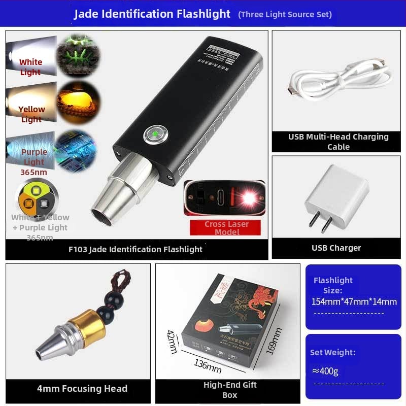Lampa za identifikaciju jade s UV svjetlom 365 nm, LED 30W, USB punjenje, kućište od aluminijske legure, domet 100–200 m, za pregled nakita