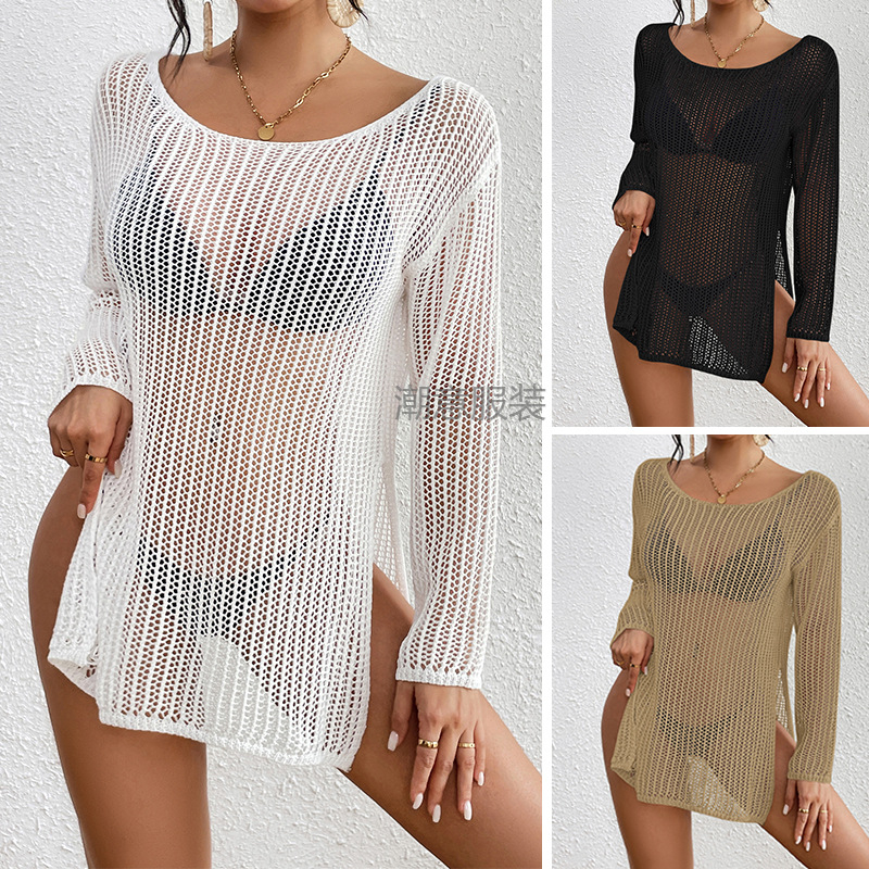 Bluza za pokrivanje bikinija na plaži, nagnuti ovratnik, prozirna pletena mrežasta tkanina, poliester 100%, podstava poliester 100%, gustoća tkanine 231 g/m²