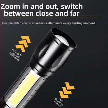 Kézi hajtású, újratölthető LED zseblámpa, 5W, alumíniumötvözetes test, 100–200 m fénysugár, kompakt, 360° forgó fej