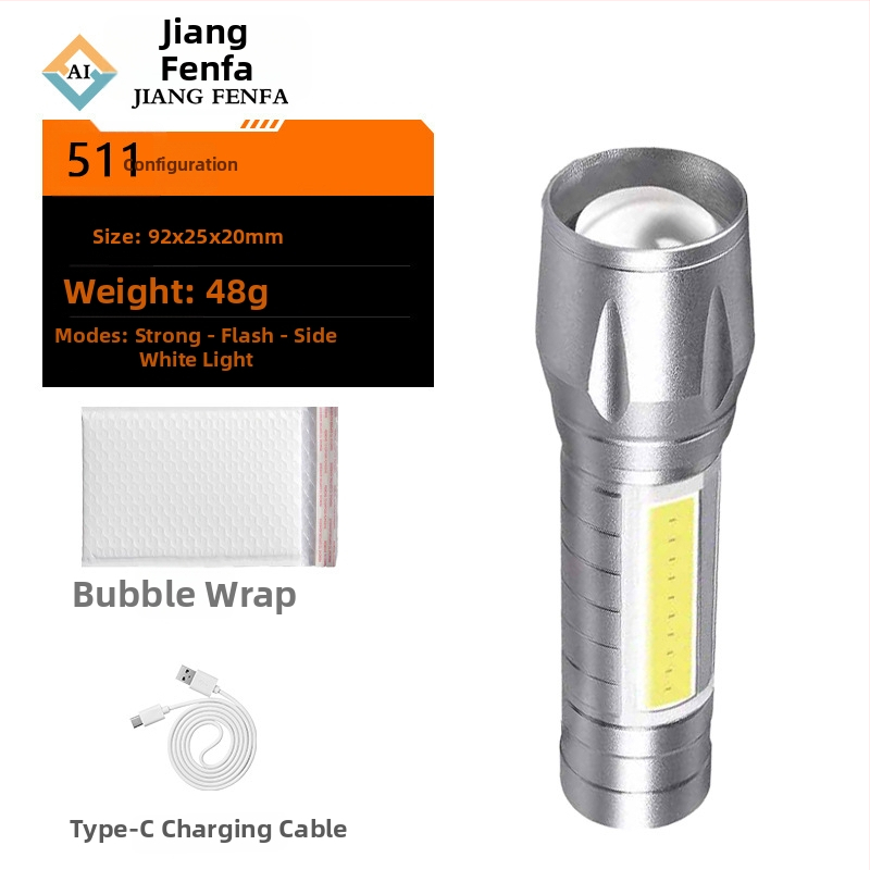 Kézi hajtású, újratölthető LED zseblámpa, 5W, alumíniumötvözetes test, 100–200 m fénysugár, kompakt, 360° forgó fej