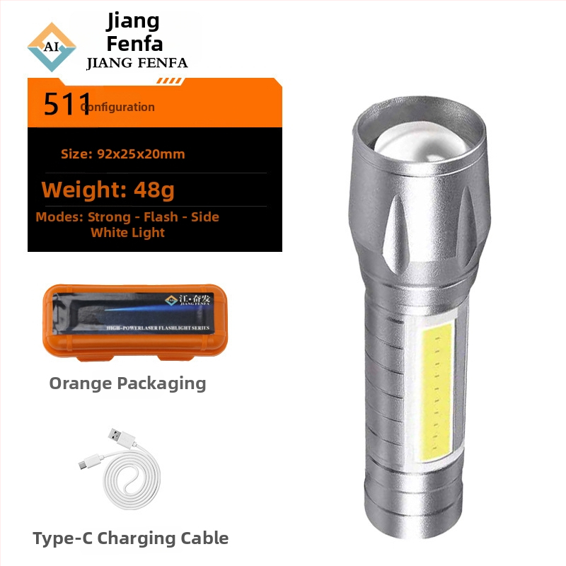 Kézi hajtású, újratölthető LED zseblámpa, 5W, alumíniumötvözetes test, 100–200 m fénysugár, kompakt, 360° forgó fej