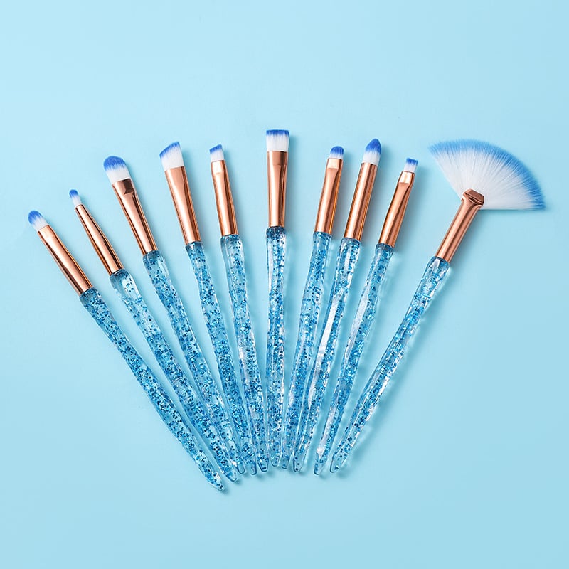 Κρυστάλλινο σετ 10 πινέλων μακιγιάζ — πινέλα για σκιά ματιών, κονσίλερ και πινέλα πούδρας, με απαλές συνθετικές τρίχες και πλαστικές λαβές