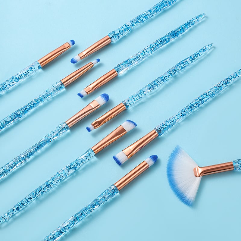 Κρυστάλλινο σετ 10 πινέλων μακιγιάζ — πινέλα για σκιά ματιών, κονσίλερ και πινέλα πούδρας, με απαλές συνθετικές τρίχες και πλαστικές λαβές