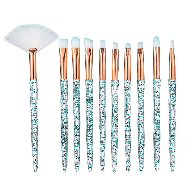 Κρυστάλλινο σετ 10 πινέλων μακιγιάζ — πινέλα για σκιά ματιών, κονσίλερ και πινέλα πούδρας, με απαλές συνθετικές τρίχες και πλαστικές λαβές