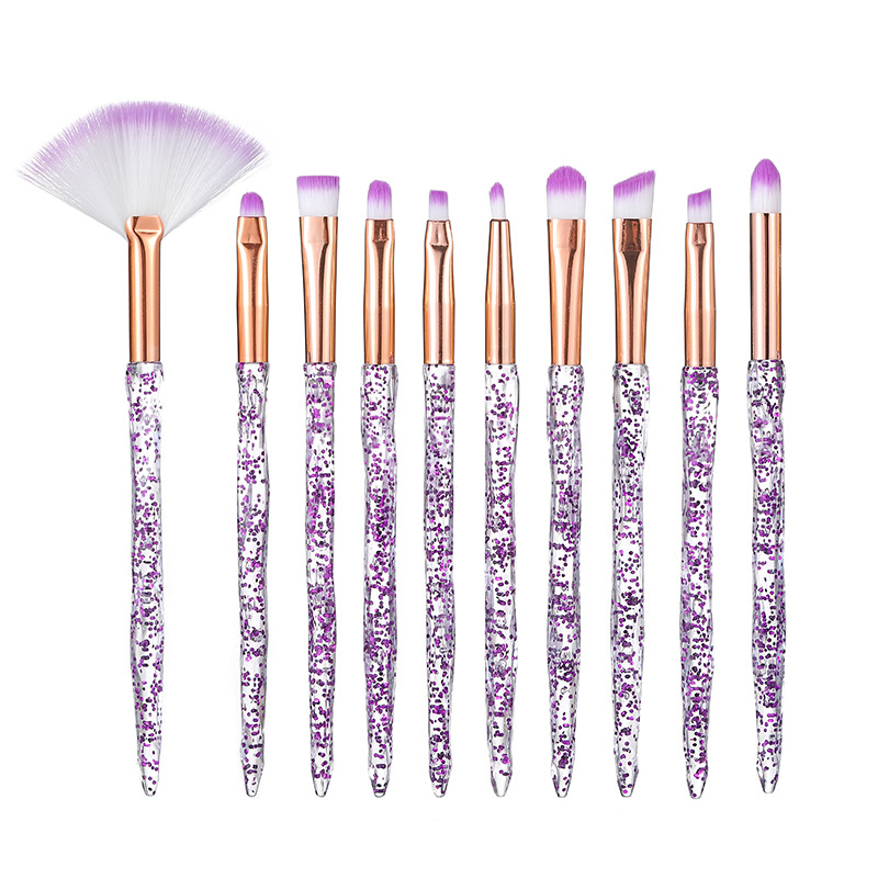 Κρυστάλλινο σετ 10 πινέλων μακιγιάζ — πινέλα για σκιά ματιών, κονσίλερ και πινέλα πούδρας, με απαλές συνθετικές τρίχες και πλαστικές λαβές
