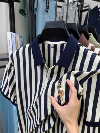 Csíkos poló felső, laza szabású, rövid ujjú, lélegző, nedvességelvezető pamutkeverék