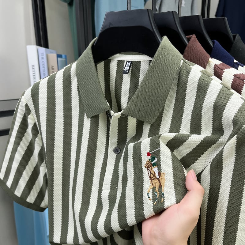 Csíkos poló felső, laza szabású, rövid ujjú, lélegző, nedvességelvezető pamutkeverék