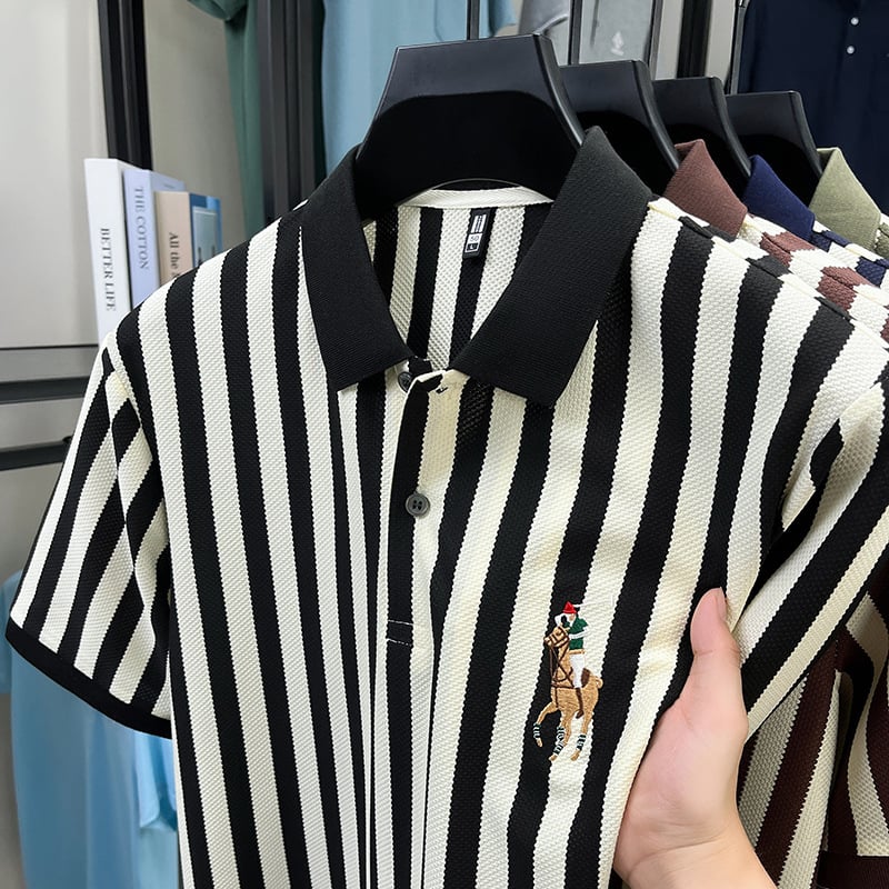 Csíkos poló felső, laza szabású, rövid ujjú, lélegző, nedvességelvezető pamutkeverék