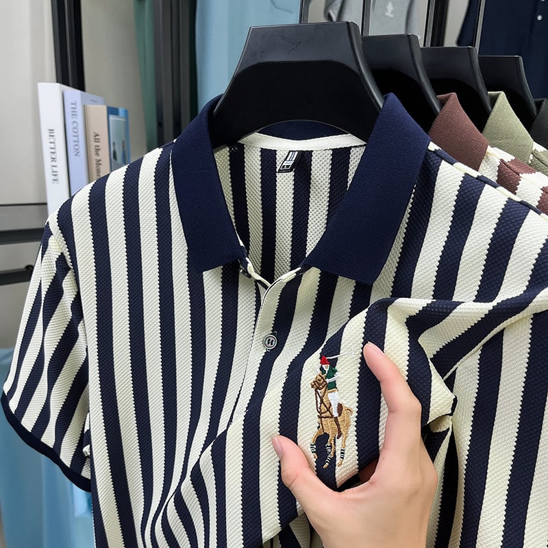 Csíkos poló felső, laza szabású, rövid ujjú, lélegző, nedvességelvezető pamutkeverék