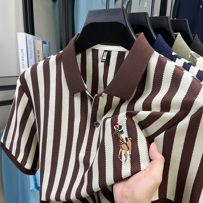 Csíkos poló felső, laza szabású, rövid ujjú, lélegző, nedvességelvezető pamutkeverék