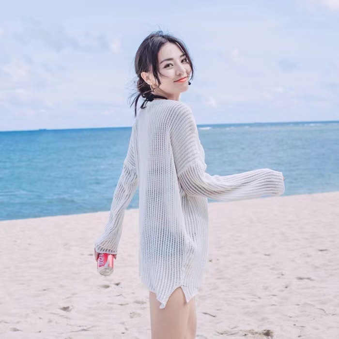 Koreai stílusú hálós stranddzseki szabálytalan hasítással – napvédő, laza szabás, akril-gyapjú keverék