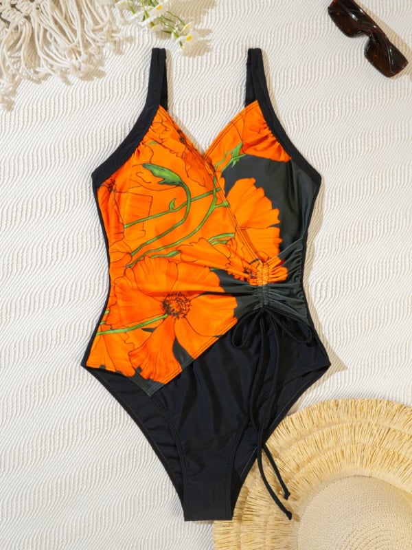 Ženski jednodijelni kupaći kostim s floralnim printom ljilana, s podstavljenim grudima, poliester/elastan 82/18