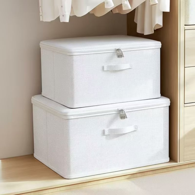 Összecsukható ruhatároló doboz fedővel, textil anyag, 40–50 liter kapacitás, hordozható