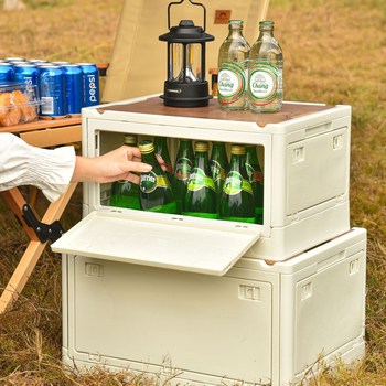 Kültéri tároló doboz - öt ajtós, oldalsó ajtóval, összecsukható, fa fedél, PP műanyag, 55 literes kapacitás