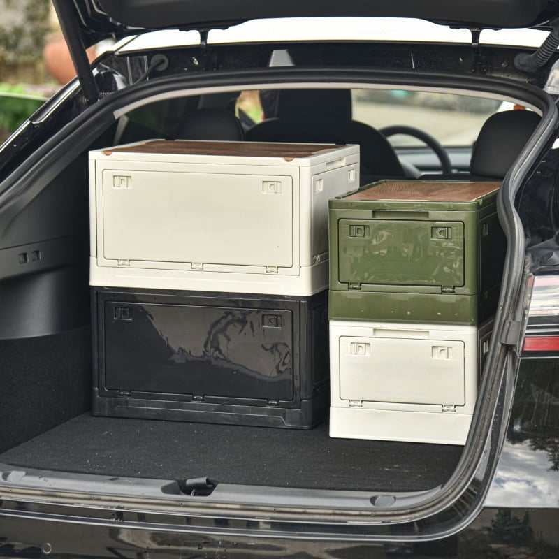 Kültéri tároló doboz - öt ajtós, oldalsó ajtóval, összecsukható, fa fedél, PP műanyag, 55 literes kapacitás