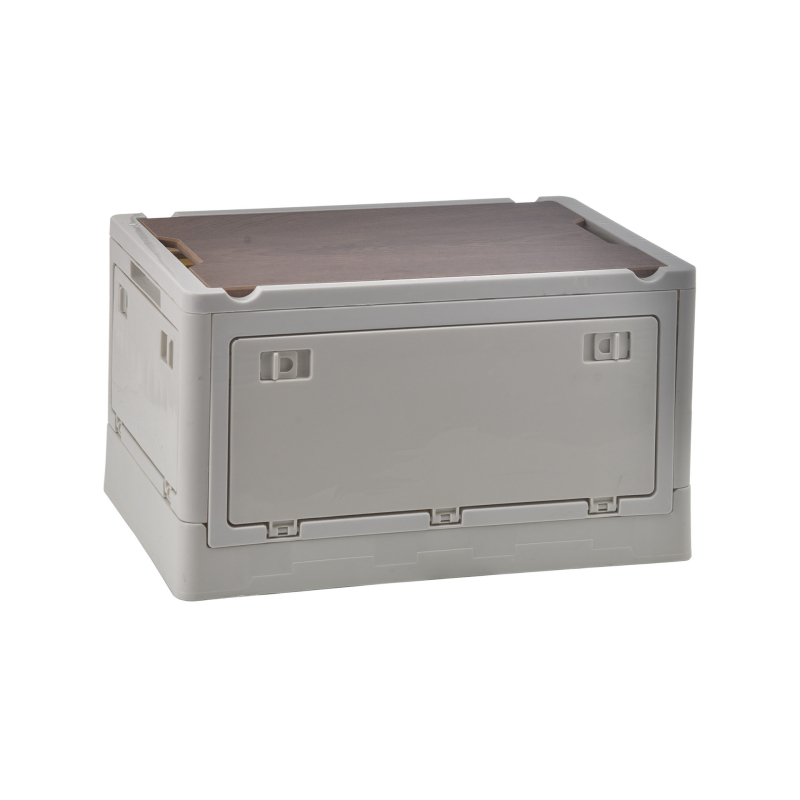 Kültéri tároló doboz - öt ajtós, oldalsó ajtóval, összecsukható, fa fedél, PP műanyag, 55 literes kapacitás