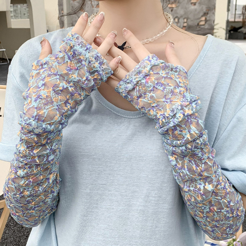 Nyári csipkés napvédő ujjvédők nőknek, hűsítő, virágmintás, UV védelem, egyenes szabású, poliészter