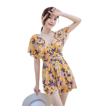 Ao Jiao Női virágos tej-selyem anyagú egyrészes fürdőruha, rövid ujjú, 80% poliészter