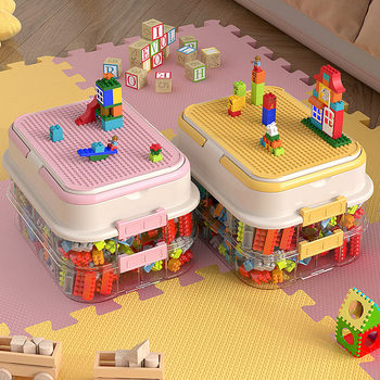 Játékok tároló doboz építőelemes rendszerezővel, apró alkatrészek rendezéséhez — műanyag felépítés, testreszabható logó, modern minimalista stílus