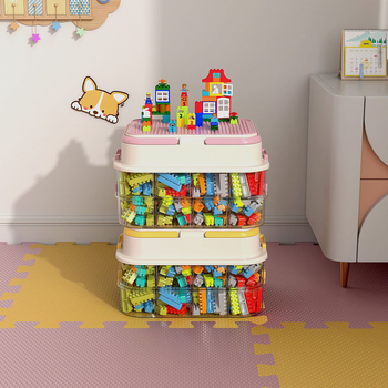 Játékok tároló doboz építőelemes rendszerezővel, apró alkatrészek rendezéséhez — műanyag felépítés, testreszabható logó, modern minimalista stílus