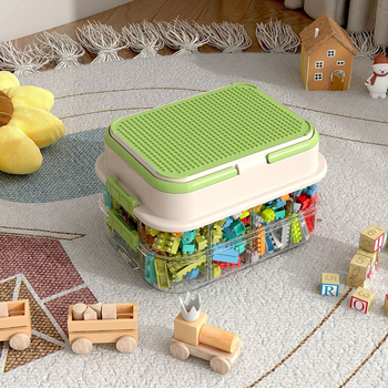 Játékok tároló doboz építőelemes rendszerezővel, apró alkatrészek rendezéséhez — műanyag felépítés, testreszabható logó, modern minimalista stílus