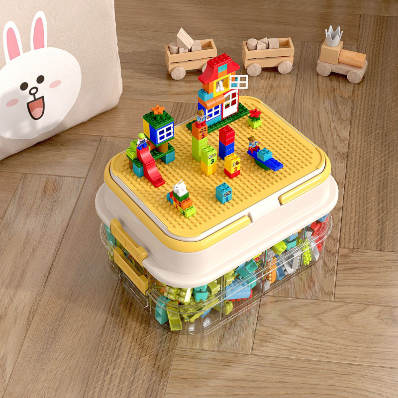 Játékok tároló doboz építőelemes rendszerezővel, apró alkatrészek rendezéséhez — műanyag felépítés, testreszabható logó, modern minimalista stílus