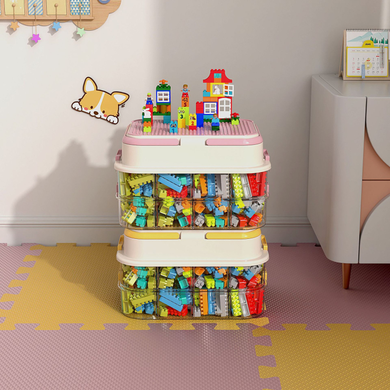 Játékok tároló doboz építőelemes rendszerezővel, apró alkatrészek rendezéséhez — műanyag felépítés, testreszabható logó, modern minimalista stílus