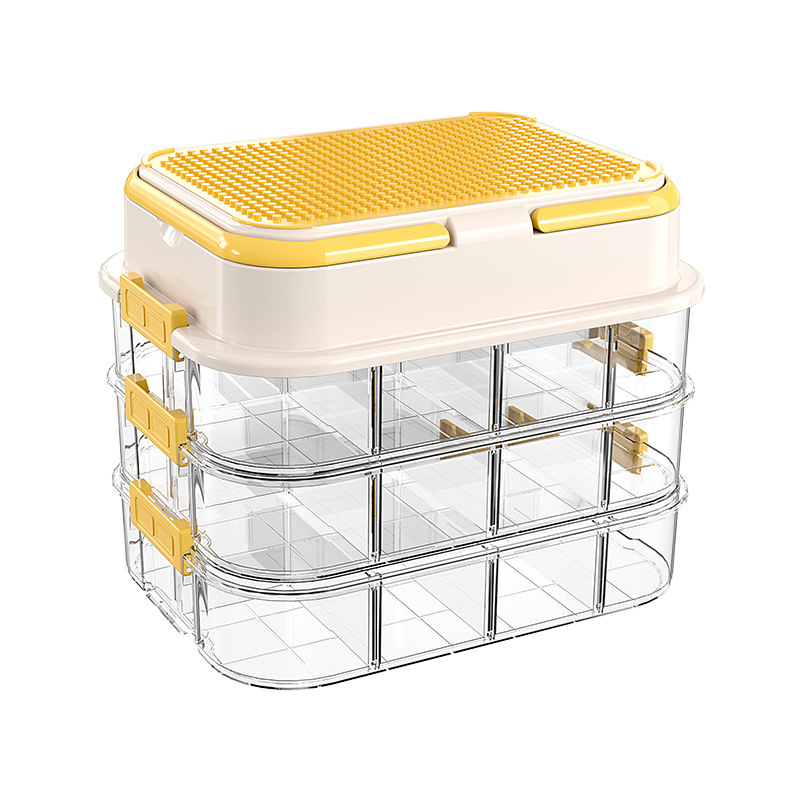 Játékok tároló doboz építőelemes rendszerezővel, apró alkatrészek rendezéséhez — műanyag felépítés, testreszabható logó, modern minimalista stílus