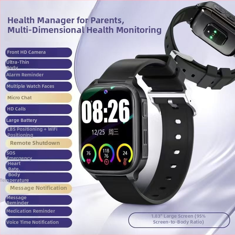 Смарт часовник с 4G SOS едно натискане на повикване, измерване на кръвно налягане, сърдечна честота, SpO2 и водоустойчив.