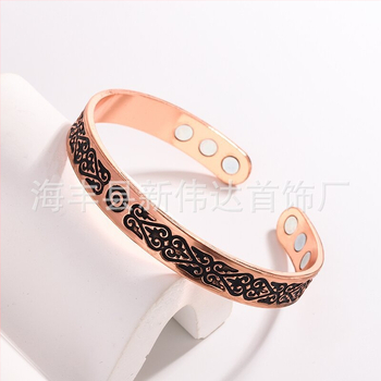 Bratara magnetică din cupru cu deschidere, stil vintage etnic, motiv floral