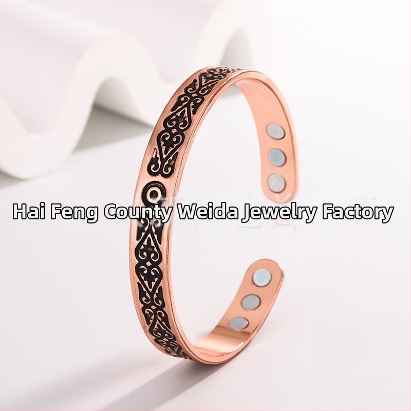 Bratara magnetică din cupru cu deschidere, stil vintage etnic, motiv floral