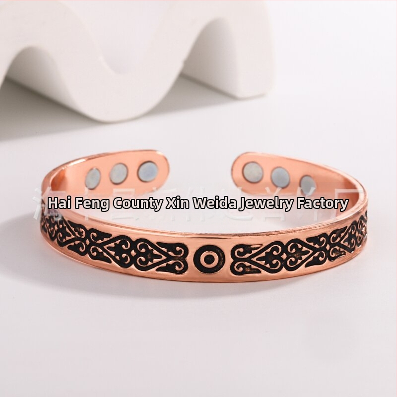 Bratara magnetică din cupru cu deschidere, stil vintage etnic, motiv floral