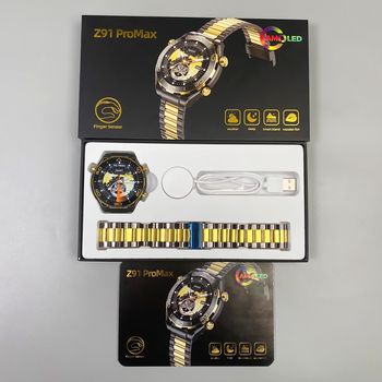Z91Promax Смарт часовник с AMOLED дисплей, корпус от титанова сплав, силиконов ремък, функции: снимане, крачкомер, Bluetooth разговори, умни известия; безжично зареждане