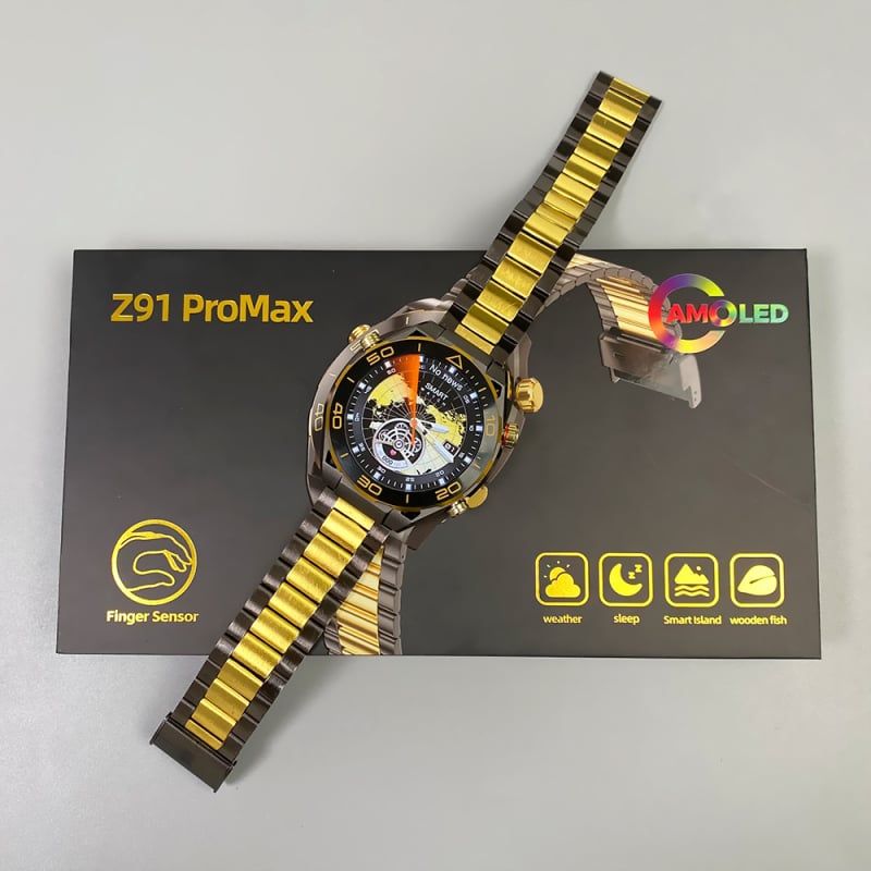 Z91Promax Смарт часовник с AMOLED дисплей, корпус от титанова сплав, силиконов ремък, функции: снимане, крачкомер, Bluetooth разговори, умни известия; безжично зареждане