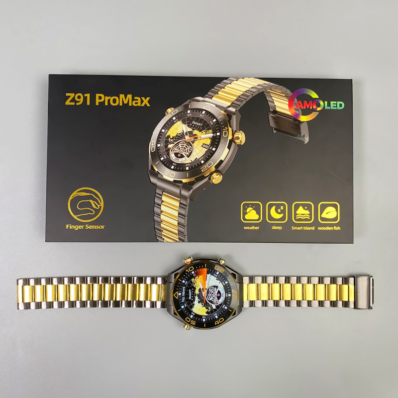 Z91Promax Смарт часовник с AMOLED дисплей, корпус от титанова сплав, силиконов ремък, функции: снимане, крачкомер, Bluetooth разговори, умни известия; безжично зареждане
