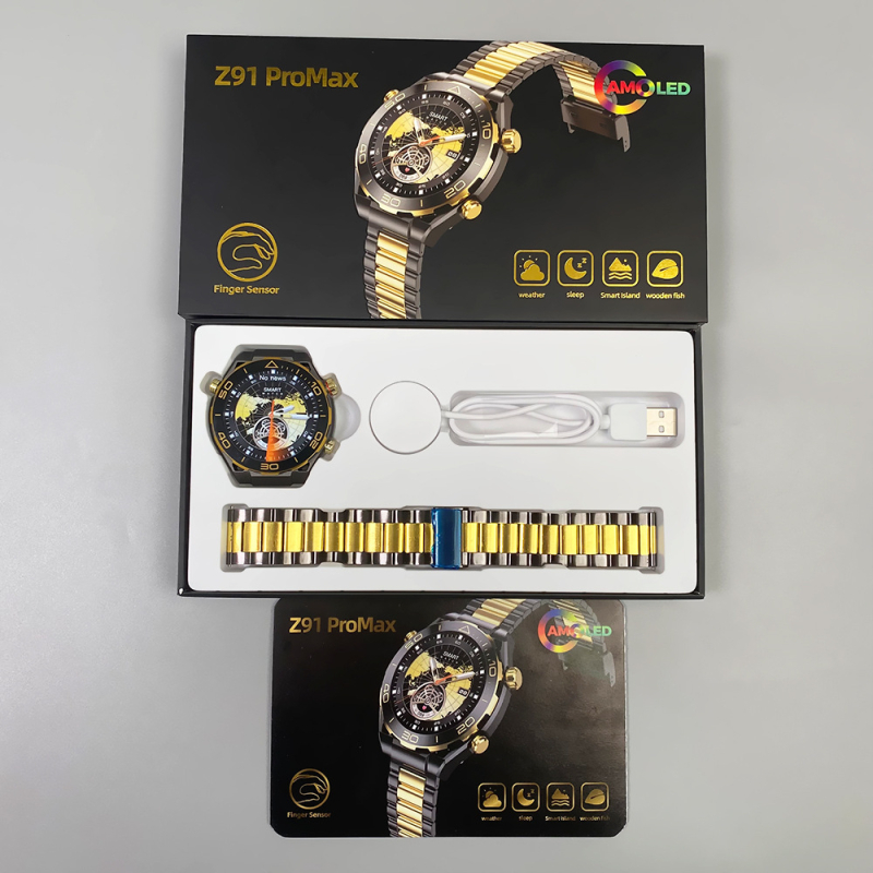 Z91Promax Смарт часовник с AMOLED дисплей, корпус от титанова сплав, силиконов ремък, функции: снимане, крачкомер, Bluetooth разговори, умни известия; безжично зареждане