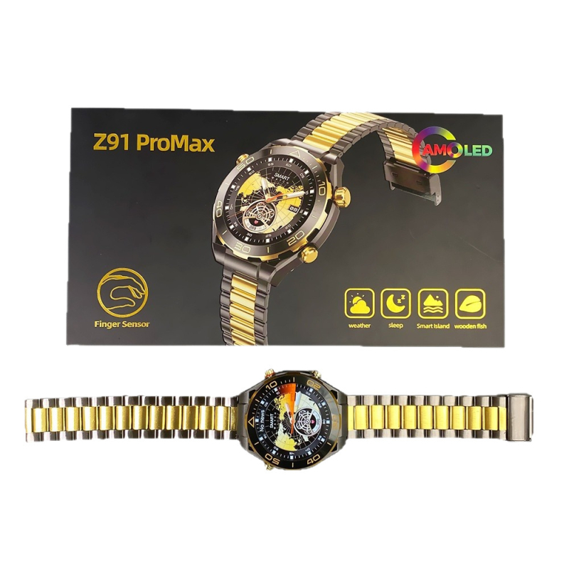 Z91Promax Смарт часовник с AMOLED дисплей, корпус от титанова сплав, силиконов ремък, функции: снимане, крачкомер, Bluetooth разговори, умни известия; безжично зареждане