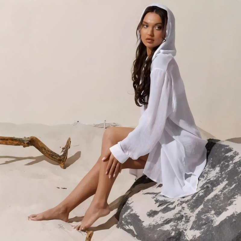 Ženski plažni prekrivač jakna, pamuk materijal s poliesterom, UPF30+, labav kroj, pogodno za plivanje