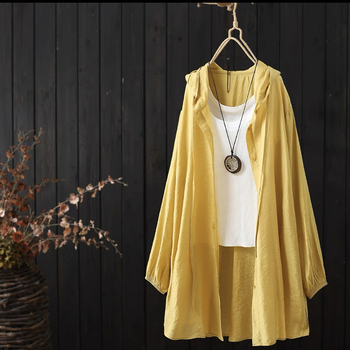 Női kapucnis hosszú ujjú ing, len- és poliészter keverék, egyszínű, laza casual stílus, vasalásmentes