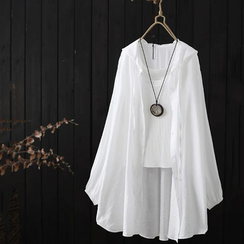 Női kapucnis hosszú ujjú ing, len- és poliészter keverék, egyszínű, laza casual stílus, vasalásmentes